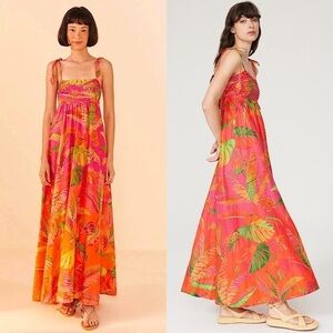 FARM RIO Tropical Print Sleeveless Pleated Empire Waist Back Tie Cutout Dress S